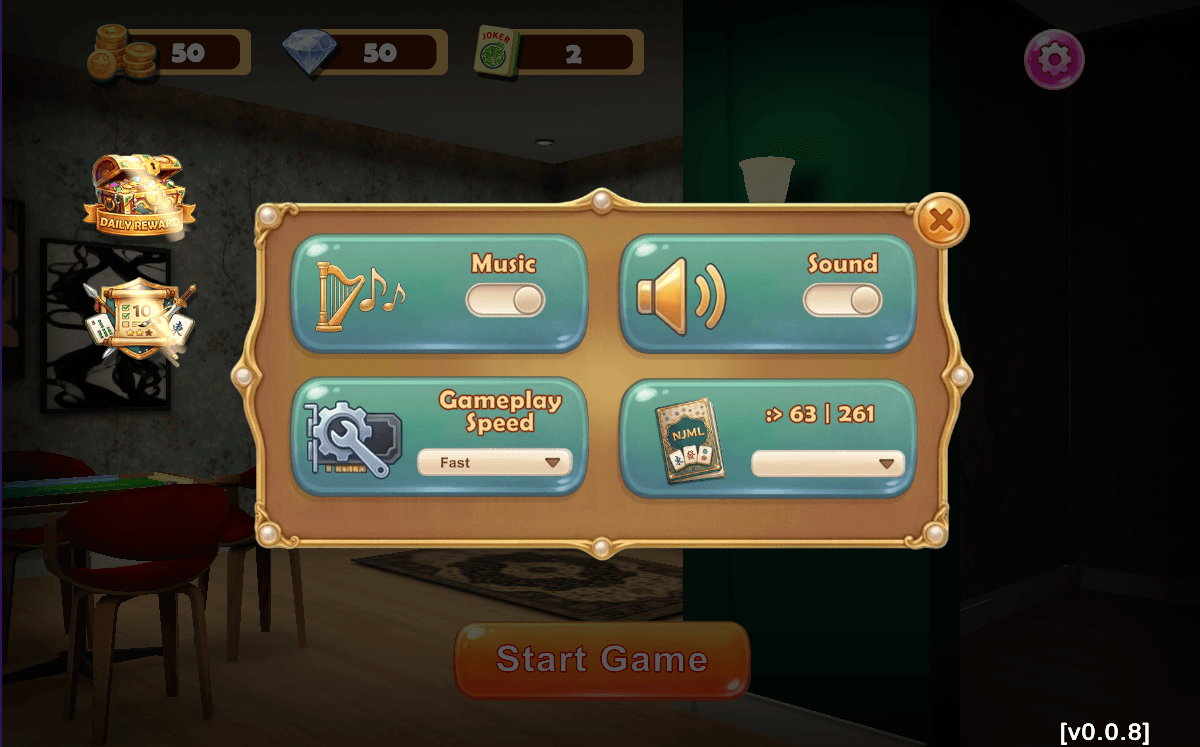 Settings modal with music, sound, gameplay speed, and NMJL card options